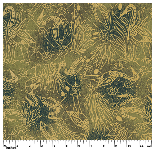 Brolga Dreaming (Green) - Aboriginal design Fabric