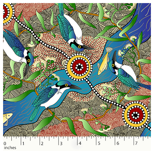 Kingfisher Camp by River (Ecru) - Aboriginal design Fabric
