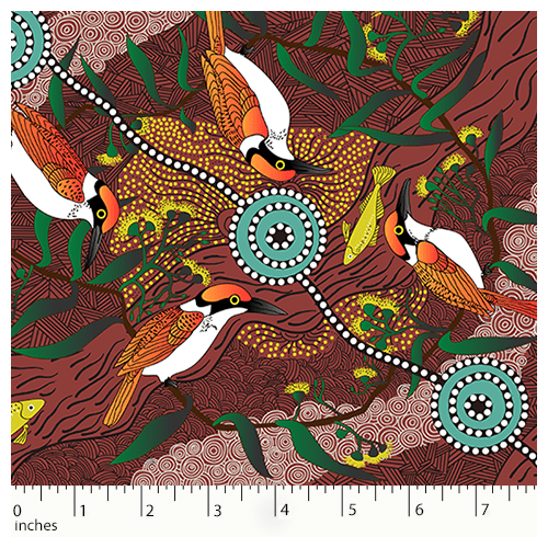 Kingfisher Camp by River (Red) - Aboriginal design Fabric