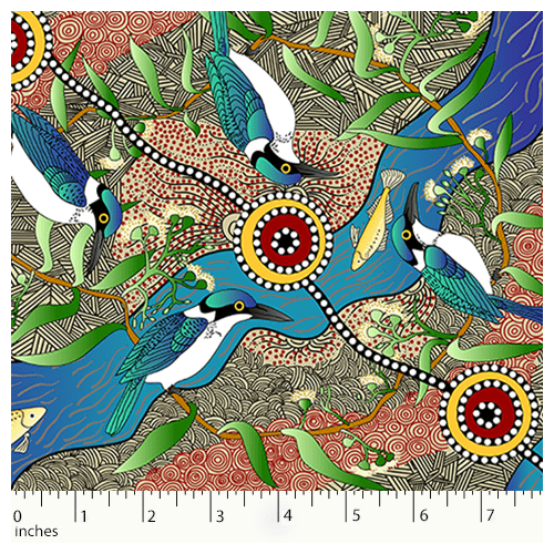 Kingfisher Camp by River (Ecru) SCRAP 1M]  - Aboriginal design Fabric