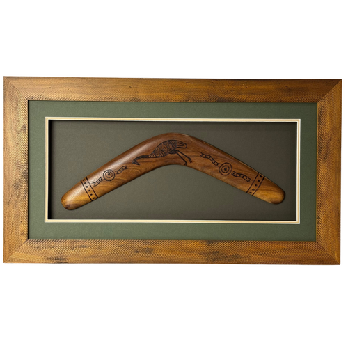 Framed Aboriginal Art Hand BURNT Boomerang (40cm) Large - Emu [Green/Ochre]