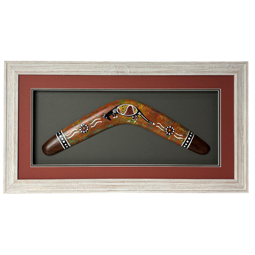 Framed Aboriginal Art Hand Painted Boomerang (40cm) Large - Emu (Blue)