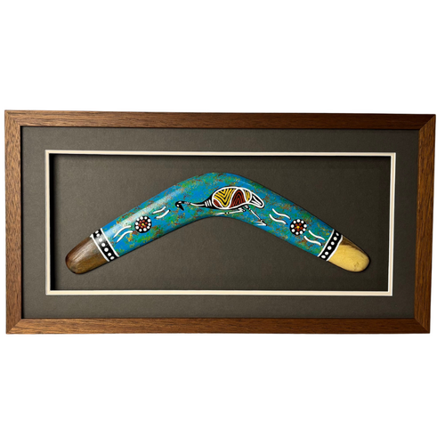 Framed Aboriginal Art Hand Painted Boomerang (40cm) Large - Goanna [Teal]