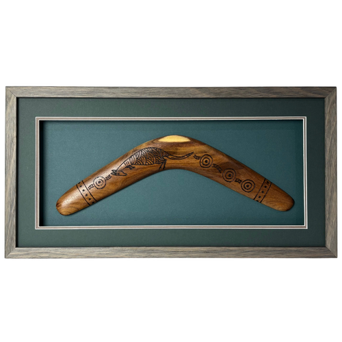 Framed Aboriginal Art Hand BURNT Boomerang (40cm) Large - Kangaroo [Green/Grey]