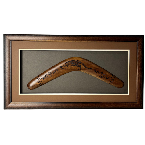 Framed Aboriginal Art Hand BURNT Boomerang (40cm) Large - Kangaroo [Brown]