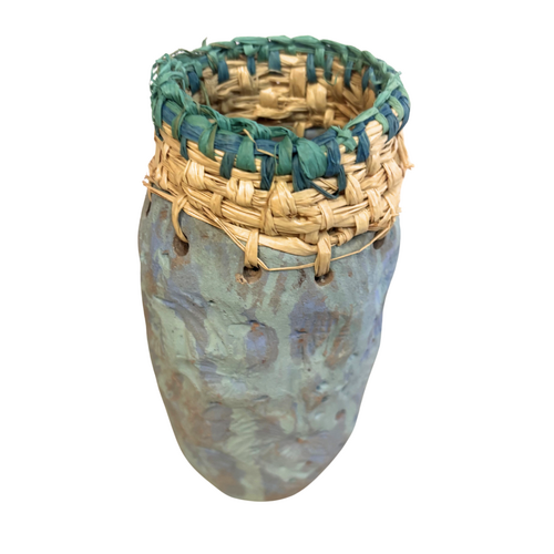 Aboriginal Art Handmade Vase [14cm x 5cm] with Raffia Weaving - Textured Blue