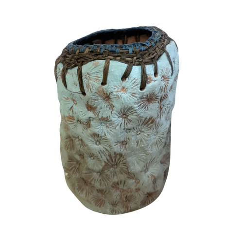 Aboriginal Art Handmade Vase [16cm x 11cm] with Raffia Weaving - Textured Blue