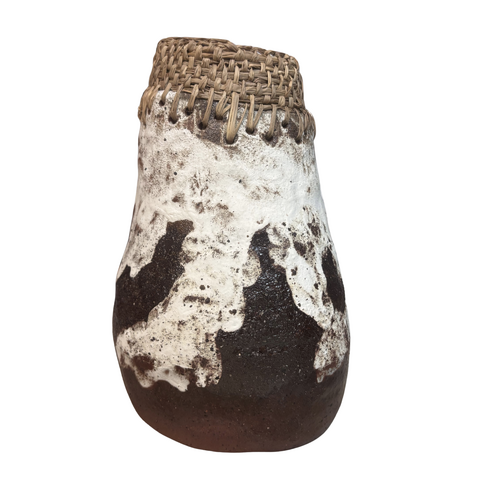 Aboriginal Art Handmade Vase [22cm x 14cm] Woodfired with Raffia Weaving - Natural/White