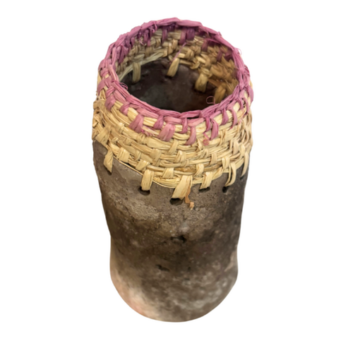 Aboriginal Art Handmade Vase [15cm x 6cm] with Raffia Weaving - Textured Pink 