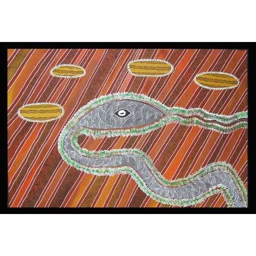 Original Aboriginal Art Stretched Canvas (1.5m x 1m) - Snake Waterhole on Cooper Creek