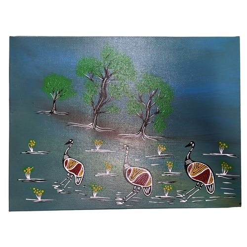 Original Aboriginal Art Stretched Canvas (40cm x 30cm) - Emus Feeding on Country