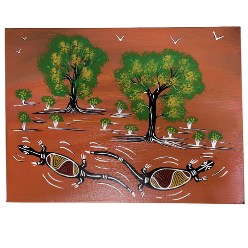 Original Aboriginal Art Stretched Canvas (40cm x 30cm) - Travelling Goannas