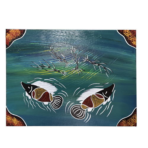 Original Aboriginal Art Stretched Canvas (40cm x 30cm) - Yellow Belly and Cod of the Darling Basin