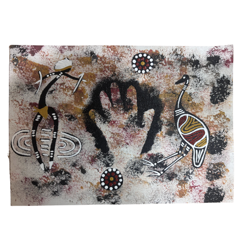 Unstretched Handpainted Aboriginal Art A4 Canvas (21cm x 29cm) - Emu and Dancer