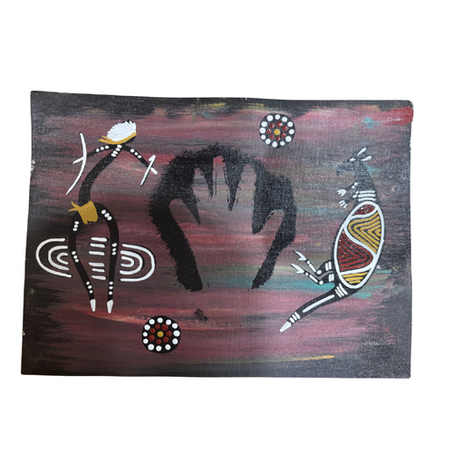 Unstretched Handpainted Aboriginal Art A4 Canvas (21cm x 29cm) - Kangaroo and Dancer