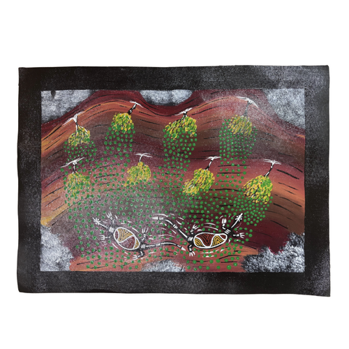 Unstretched Handpainted Aboriginal Art Canvas (37cm x 50cm) - Fruit Falling from Bushes on a Rock Wall