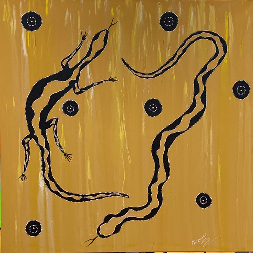 David Miller Aboriginal Art Stretched Canvas 80cm X 60cm Goanna Black Snake