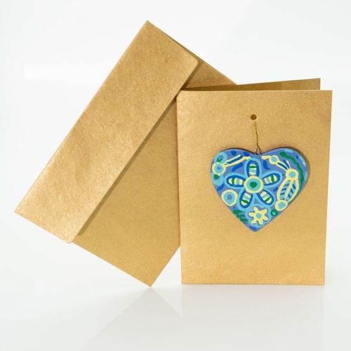 Better World Aboriginal Art Heart Decoration Card [Gold] - Ngarrindjeri Country
