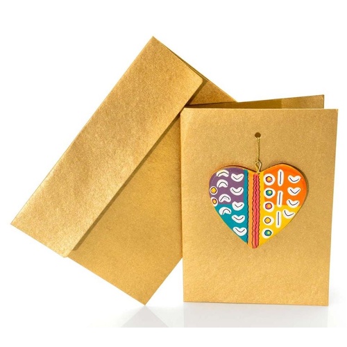 Better World Aboriginal Art Heart Decoration Card [Gold] - Mina Mina Jukurrpa