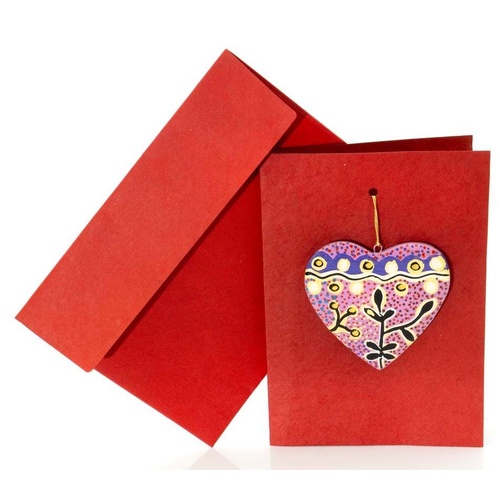 Better World Aboriginal Art Heart Decoration Card [RED] - Yam and Bush Tomato Dreamings