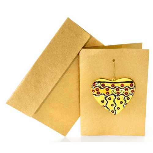 Better World Aboriginal Art Heart Decoration Card [Gold] - Mingkiri Tjukurpa