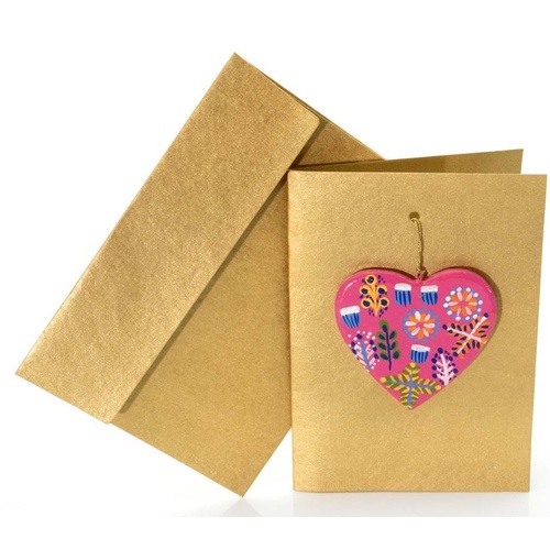 Better World Aboriginal Art Heart Decoration Card [Gold] - Bush Medicine Plants