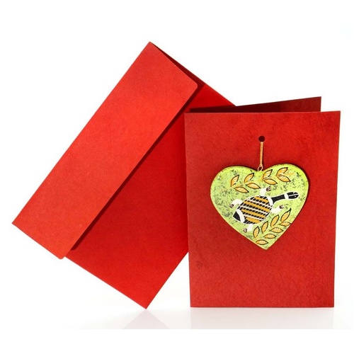 Better World Aboriginal Art Heart Decoration Card [RED] - Long Neck Turtle