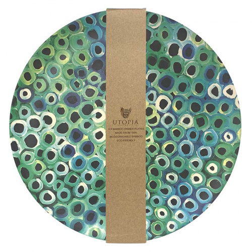 Utopia Aboriginal Art Bamboo Dinner Plate Set (4) - Soakage (Green)
