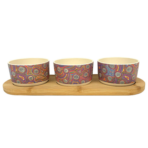Utopia Aboriginal Art Bamboo Fibre Snack Bowl Set (3) with Timber Base - Bush Orange