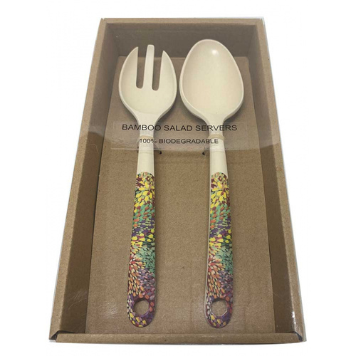 Utopia Aboriginal Art Bamboo Salad Servers - Fire Sparks