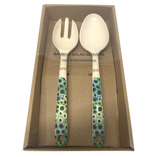 Utopia Aboriginal Art Bamboo Salad Servers - Soakage (Green)