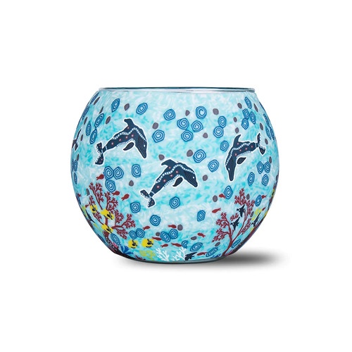 Koh Living Aboriginal Art Tealight Candle Holder (11cm) - Depths of Dolphins