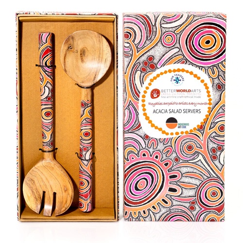 Better World Aboriginal Art Acacia Wood Giftboxed Salad Servers - Celebration of Life