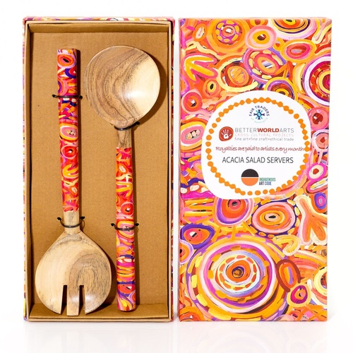 Better World Aboriginal Art Acacia Wood Giftboxed Salad Servers - Ramindjeri RUWI