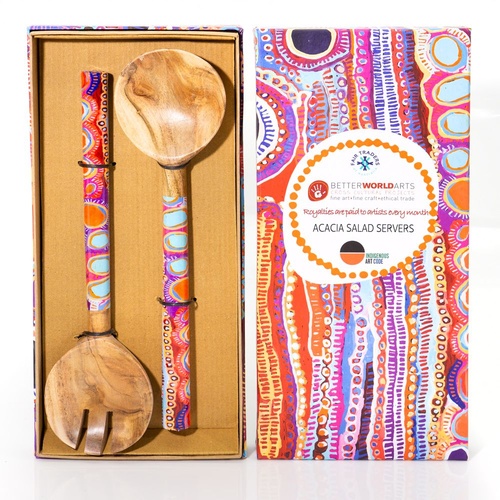 Better World Aboriginal Art Acacia Wood Giftboxed Salad Servers - Tep Dogs Jukurrpa
