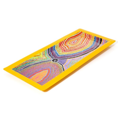 Better World Aboriginal Art Long Steel Platter [36x15cm] - Dogwood Tree Dreaming