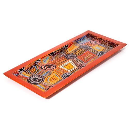 Better World Aboriginal Art Long Steel Platter [36x15cm] - Women's Ceremony