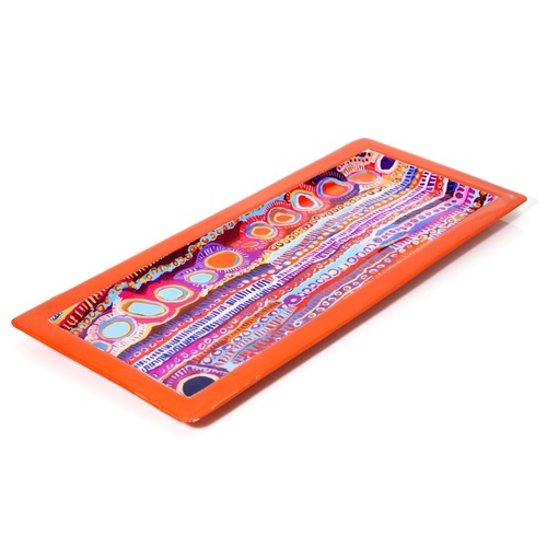 Better World Aboriginal Art Long Steel Platter [36x15cm] - Two Dogs Dreaming