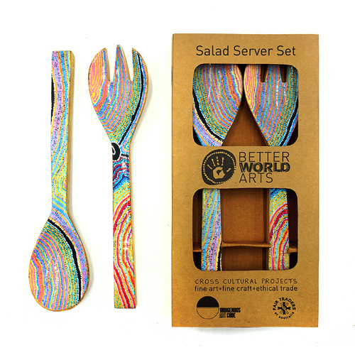 Better World Aboriginal Art Wooden/Resin Salad Server Set (2pce) - Dogwood Tree Dreaming