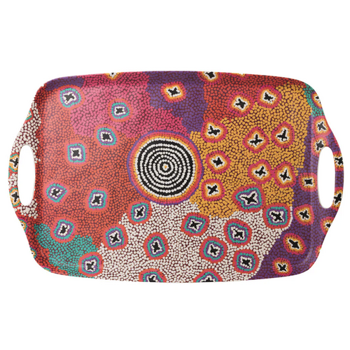 Warlukurlangu Aboriginal Art Melamine/Bamboo Large Serving Tray - Green Budgerigar Dreaming