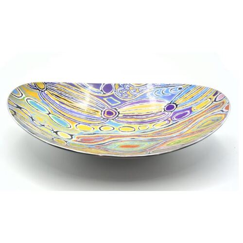 Better World Aboriginal Art - Stainless Steel Boat Bowl - Mina Mina Dreaming