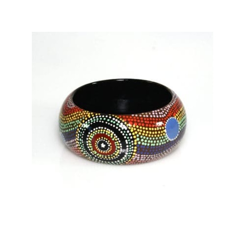 Aboriginal Art Lacquered Bangle (4cm) - Family at the Rockhole