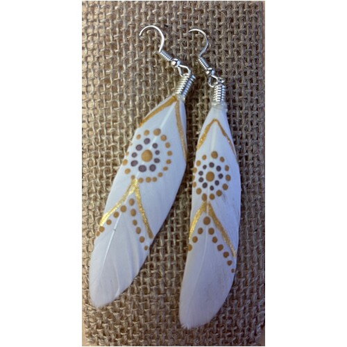 Aboriginal Art Handpainted Feather Earrings - White Feather (10)