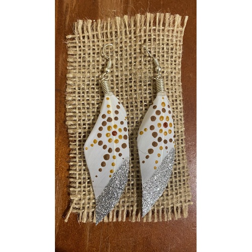 Aboriginal Art Handpainted Feather Earrings - White Feather (3)