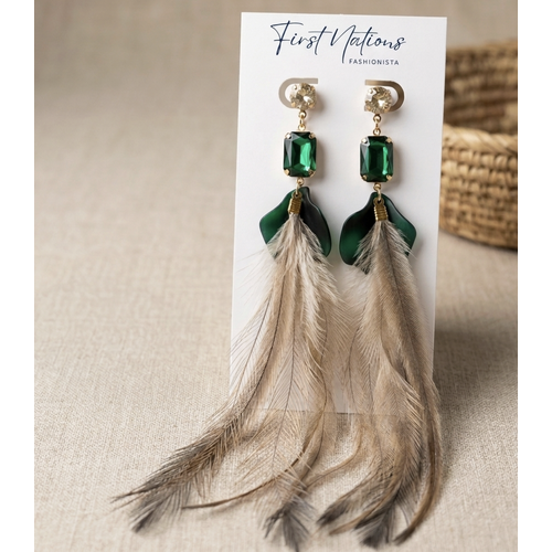 First Nations Fashionista - Handmade Aboriginal Art Pendant Earrings - Emu Feather with Glass Stones and Green Details