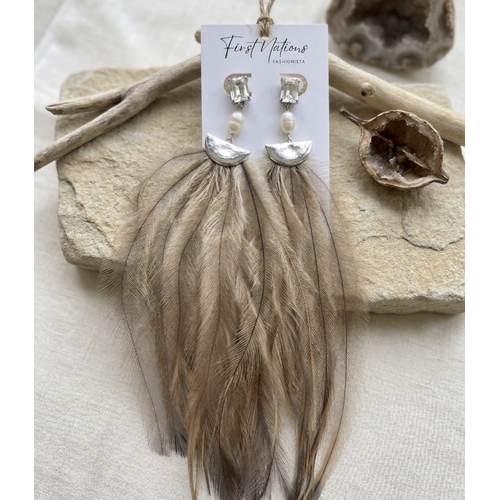 First Nations Fashionista - Handmade Aboriginal Art Pendant Earrings - Emu Feather with Pearl Bead and Stud Back