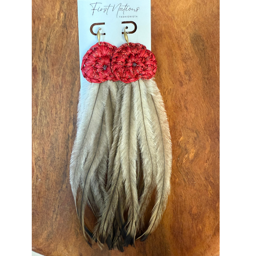 First Nations Fashionista - Handmade Aboriginal Art Pendant Earrings - Emu Feather with Xmas Red Disc