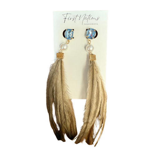 First Nations Fashionista - Handmade Aboriginal Art Pendant Earrings - Emu Feather with Blue Stone & Pearl/Stud Back