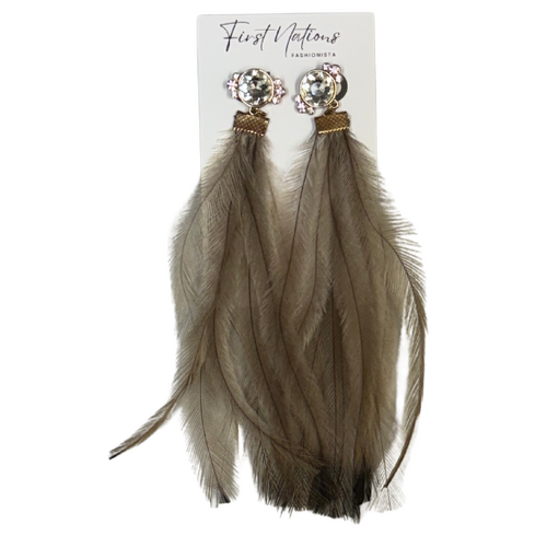 First Nations Fashionista - Handmade Aboriginal Art Pendant Earrings - Emu Feathers with Diamante Stud