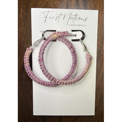 First Nations Fashionista - Handmade 4cm Purple Woven Hoop Earrings [Silver Clips)